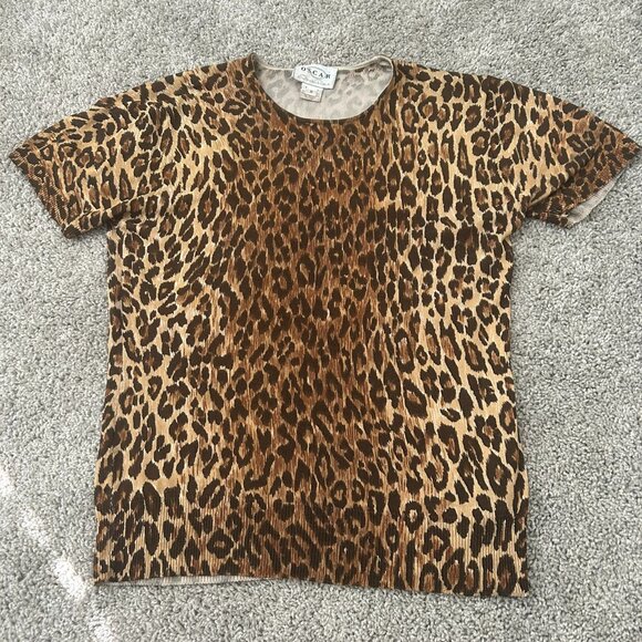 Vintage Oscar de la Renta Leopard Animal Print Short Sleeve Medium Blouse - Picture 1 of 6